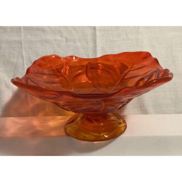 Viking Amberina Orange Yellow Glass Handblown Pedestal Bowl Dish 8" MCM Decor - Picture 1 of 13